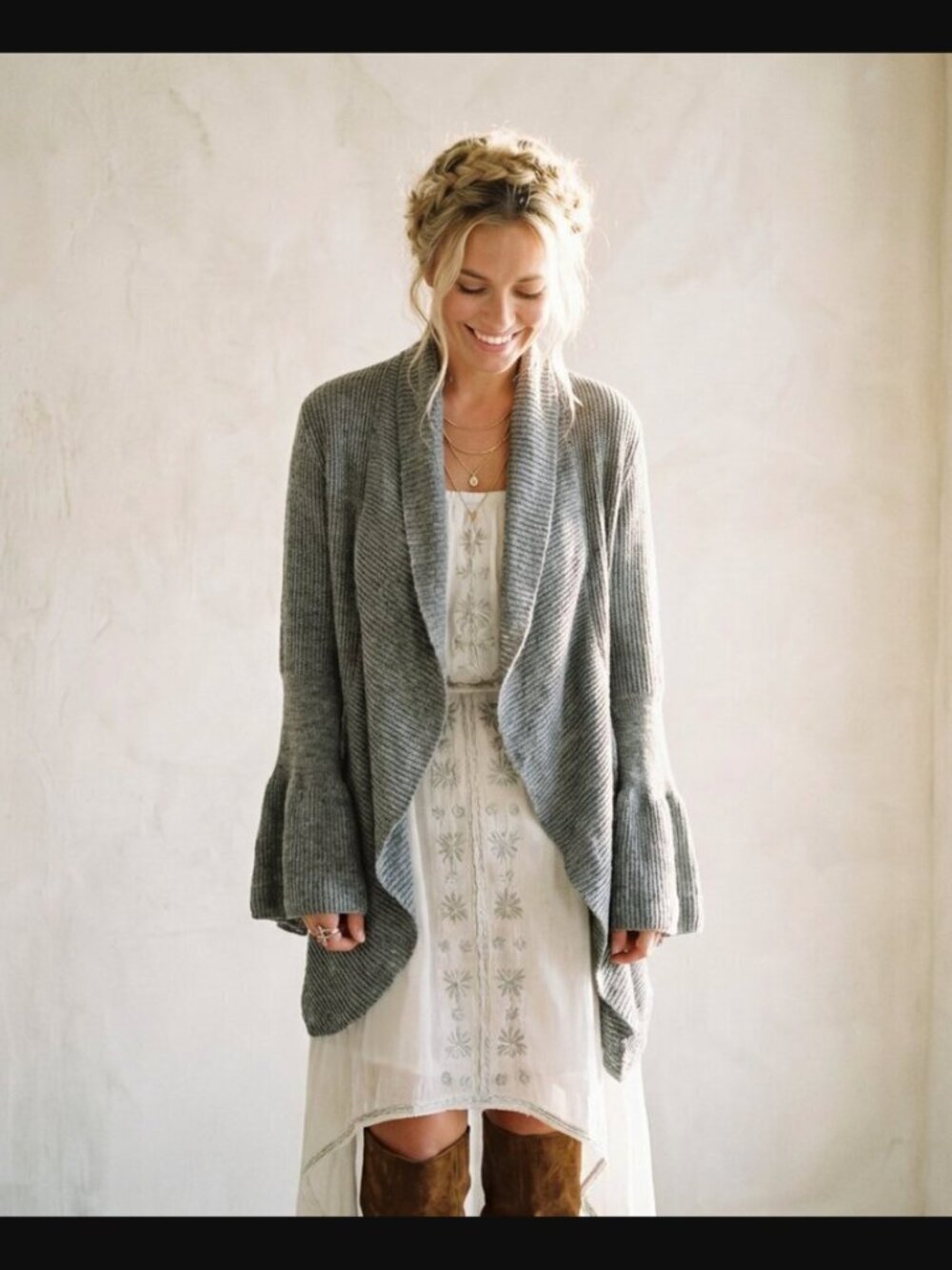 Anthropologie Bell Sleeve Ruffle Cocoon Cardigan Grey Cozy Sleeping on Snow